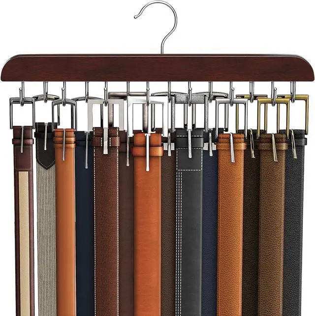 Main image of Belt Hanger for Closet Max 42 Belts, Sturdy Wood Belt Rack Closet Accessories with 14 Hooks Belt Organizer for Closet Organizers and Storage - Mahogany 1 Pack