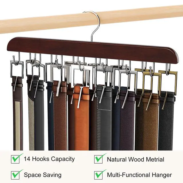 Alt view image 3 of 6 - Belt Hanger for Closet Max 42 Belts, Sturdy Wood Belt Rack Closet Accessories with 14 Hooks Belt Organizer for Closet Organizers and Storage - Mahogany 1 Pack