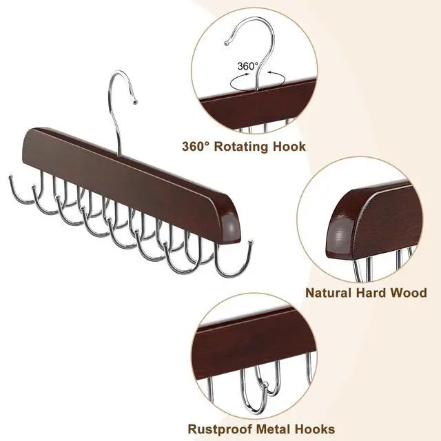 Alt view image 5 of 6 - Belt Hanger for Closet Max 42 Belts, Sturdy Wood Belt Rack Closet Accessories with 14 Hooks Belt Organizer for Closet Organizers and Storage - Mahogany 1 Pack