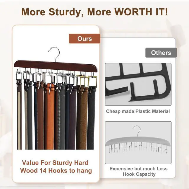 Alt view image 2 of 6 - Belt Hanger for Closet Max 42 Belts, Sturdy Wood Belt Rack Closet Accessories with 14 Hooks Belt Organizer for Closet Organizers and Storage - Mahogany 1 Pack