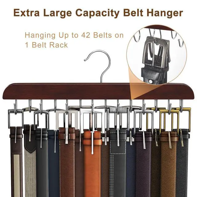 Alt view image 4 of 6 - Belt Hanger for Closet Max 42 Belts, Sturdy Wood Belt Rack Closet Accessories with 14 Hooks Belt Organizer for Closet Organizers and Storage - Mahogany 1 Pack