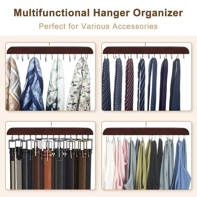 Alt view image 6 of 6 - Belt Hanger for Closet Max 42 Belts, Sturdy Wood Belt Rack Closet Accessories with 14 Hooks Belt Organizer for Closet Organizers and Storage - Mahogany 1 Pack