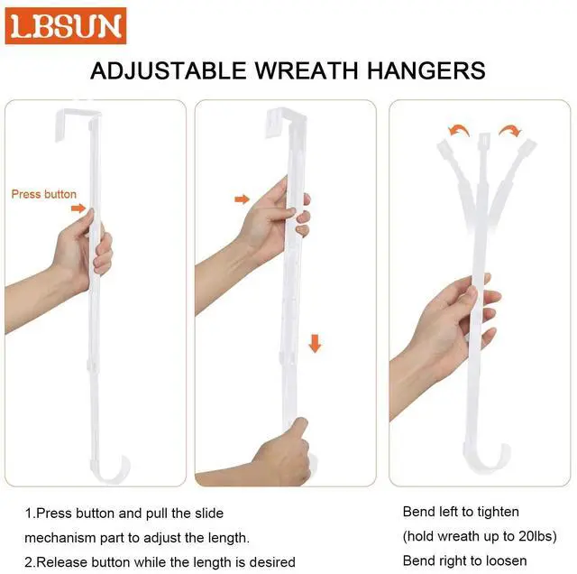 Alt view image 7 of 7 - Wreath Hanger, Adjustable Over the Door Wreath Hanger from 15 to 25 Inches & Wreath Holder & Wreath Door Hanger for Front Door Decor 20 lbs Larger Christmas Decorations Hook (White)