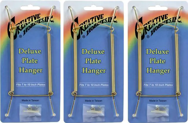 Main image of Deluxe Plate Display Hangers, Spring Style - Assembled & Ready to Use - Holds 7 to 10 Inch Plates, Gold Wire Spring Type, Hanger Hooks & Nails Included - Pack of 3