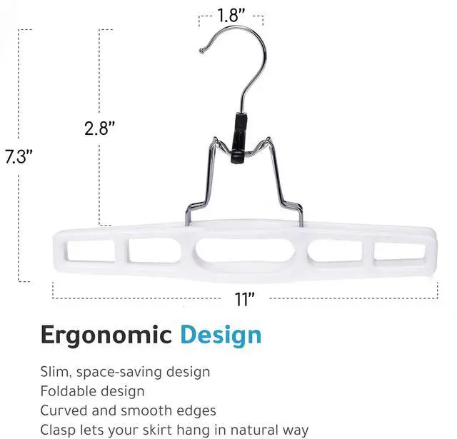 Alt view image 7 of 7 - Premium Skirt Hangers 2-Pack - Thin Space-Saving Skirt Hanger Set with Clamp, Pant Hanger 2-Piece Set, Shorts Hangers with Heavy-Duty Locking Clasp, Multipurpose Quality Jean Hangers Set (White, 2)