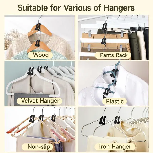 Alt view image 4 of 7 - Clothes Hanger Connector Hooks, 60 Pcs Heavy Duty Velvet Clothes Hangers with Cascading Hook, Space Saver Mini Cascading Hangers for Clothes, Closet(Black)