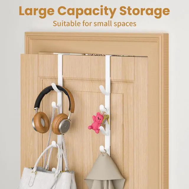 Alt view image 3 of 7 - Over The Door Hooks, Metal Door Hooks for Hanging, Over The Door Purse Organizer for Door Coat Hanger, Back of Shower for Hanging Towel Rack Clothes, Hat, Bathroom, Closet (White-2Packs)