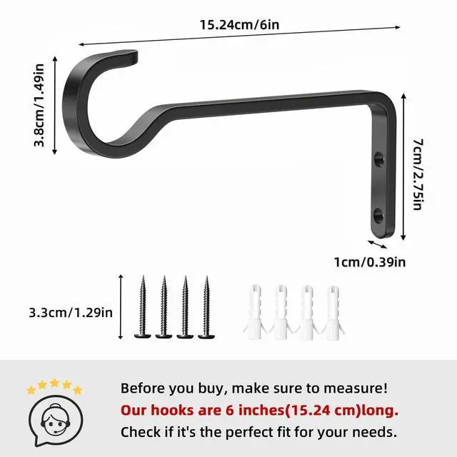 Alt view image 3 of 7 - Heavy Duty Plant Hooks for Wall: 6-Inch 2 Pack Plant Hangers Outdoor, Hold 35lb, Bird Feeder Hanger for Outside, Iron Planter Brackets for Hanging Baskets, Wind Chime, Lantern, Metal - Black