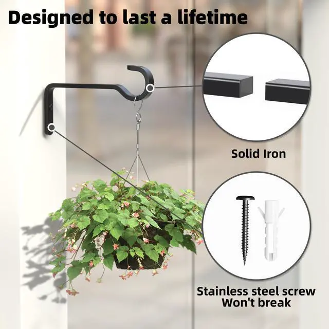 Alt view image 4 of 7 - Heavy Duty Plant Hooks for Wall: 6-Inch 2 Pack Plant Hangers Outdoor, Hold 35lb, Bird Feeder Hanger for Outside, Iron Planter Brackets for Hanging Baskets, Wind Chime, Lantern, Metal - Black