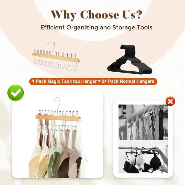Alt view image 3 of 7 - Closet Organizers and Storage, Tank Top Hangers, Rotatable Bra Organzier for Closet, Max 24 Storage Capacity Sport Bra Holder, Wood Space Saving Hanger 1 Pack - Dorm Room Essentials