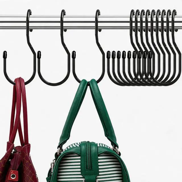 Main image of Purse Hanger for Closet, Unique Twist Design Bag Hanger Purse Hooks, 5 inch Large Size Closet Rod Hooks for Hanging Bags, Purses, Handbags, Belts, Scarves, Hats,Clothes, Pans and Pots (12 Pack Black)