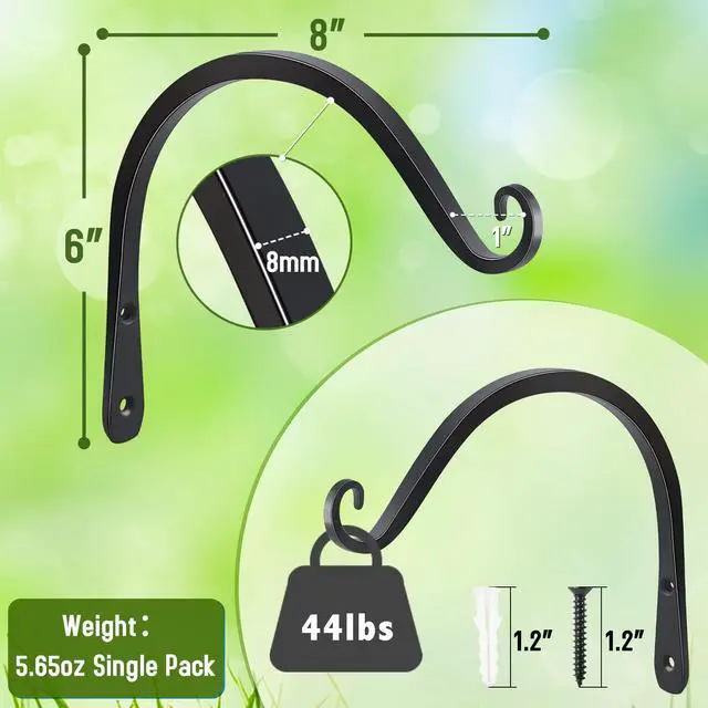 Alt view image 2 of 7 - Heavy Duty Plant Hangers Outdoor Indoor, 8 Inch 2 Pack Metal Hanging Bracket Holds Up to 44 lbs, Wall Brackets for Hanging Baskets, Bird Feeders,Wind Chime& Lanterns, Black