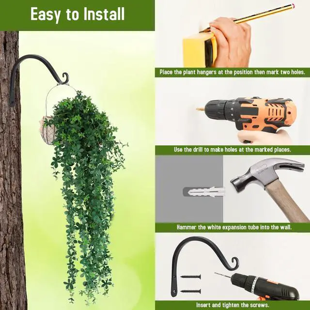Alt view image 6 of 7 - Heavy Duty Plant Hangers Outdoor Indoor, 8 Inch 2 Pack Metal Hanging Bracket Holds Up to 44 lbs, Wall Brackets for Hanging Baskets, Bird Feeders,Wind Chime& Lanterns, Black