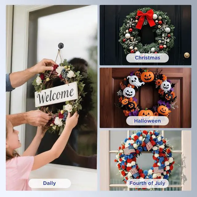 Alt view image 6 of 7 - Suction Cup Wreath Hanger, Upgraded Reef Hook for Front Door/Glass Window/Over Door, Christmas/Thanksgiving/Halloween/July 4th/Easter/Valentine/Spring/Summer/Fall (Black, 2-Pack)