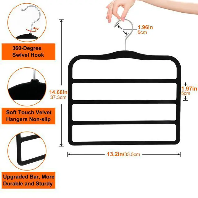 Alt view image 3 of 7 - 2-Pack Velvet Pants Hangers - Space Saving Multi-Layer Non-Slip Closet Organizers for Jeans, Trousers & Scarves - Ideal Dorm Room Storage Solution for Small Spaces