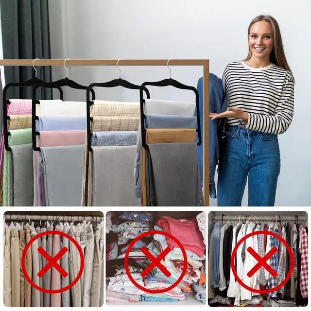 Alt view image 6 of 7 - 2-Pack Velvet Pants Hangers - Space Saving Multi-Layer Non-Slip Closet Organizers for Jeans, Trousers & Scarves - Ideal Dorm Room Storage Solution for Small Spaces
