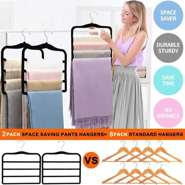 Alt view image 4 of 7 - 2-Pack Velvet Pants Hangers - Space Saving Multi-Layer Non-Slip Closet Organizers for Jeans, Trousers & Scarves - Ideal Dorm Room Storage Solution for Small Spaces