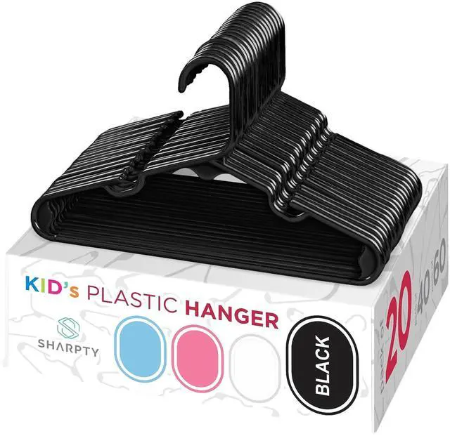 Main image of Kids Plastic Hangers, Children's Hangers for Baby, Toddler, and Child Clothes - Everyday Standard Use - Ideal for Boys and Girls Closet, Clothing, Pants, Coats, and More - Black, 20 Pack