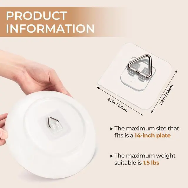 Alt view image 2 of 6 - 10 Pack Invisible Vertical Plate Hangers, 2.3 Inch Adhesive Plastic Hooks for Hanging Decorative Plates, Wall Art, and Small Artwork