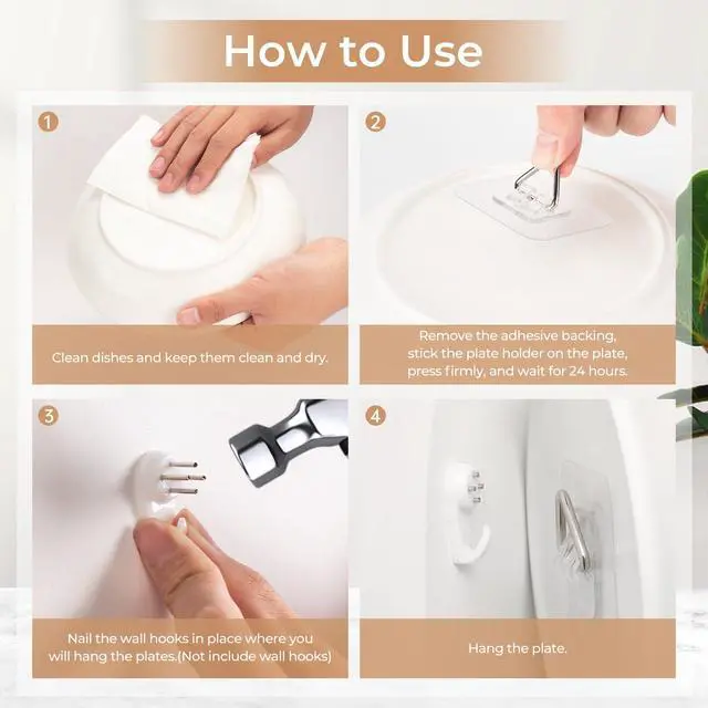 Alt view image 4 of 6 - 10 Pack Invisible Vertical Plate Hangers, 2.3 Inch Adhesive Plastic Hooks for Hanging Decorative Plates, Wall Art, and Small Artwork