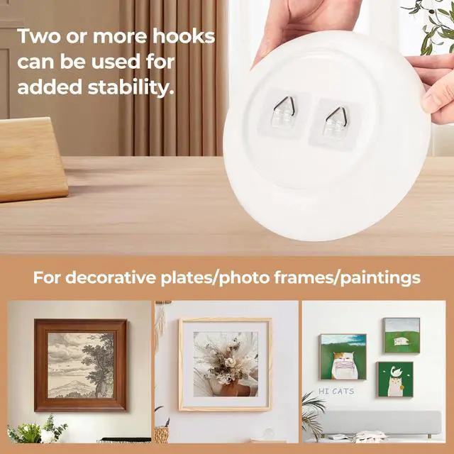Alt view image 5 of 6 - 10 Pack Invisible Vertical Plate Hangers, 2.3 Inch Adhesive Plastic Hooks for Hanging Decorative Plates, Wall Art, and Small Artwork