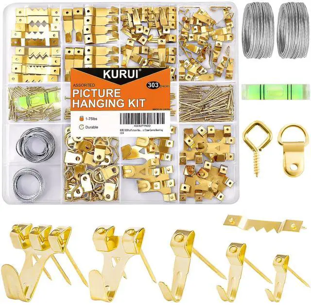Main image of 303Pcs Picture Hanging Kit, Picture Hangers Assorted Kit with Heavy Duty Picture Hanging Hooks/Hardware Nails/Sawtooth/Wire/D Rings/Level, Metal Picture Wall Hooks for Frame Canvas Mounting