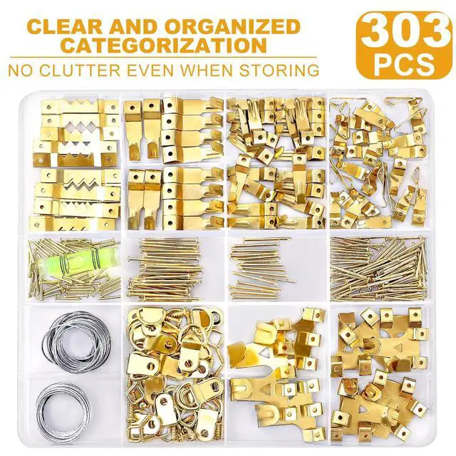 Alt view image 2 of 7 - 303Pcs Picture Hanging Kit, Picture Hangers Assorted Kit with Heavy Duty Picture Hanging Hooks/Hardware Nails/Sawtooth/Wire/D Rings/Level, Metal Picture Wall Hooks for Frame Canvas Mounting