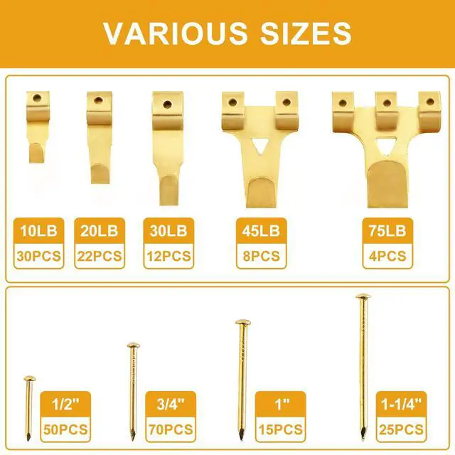 Alt view image 7 of 7 - 303Pcs Picture Hanging Kit, Picture Hangers Assorted Kit with Heavy Duty Picture Hanging Hooks/Hardware Nails/Sawtooth/Wire/D Rings/Level, Metal Picture Wall Hooks for Frame Canvas Mounting