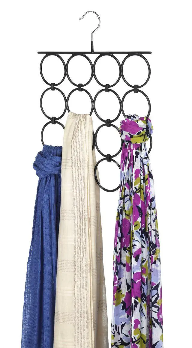 Alt view image 2 of 3 - 16 Rings Folding Metal Scarf Hanger for Closet, 12. 25"W x 15. 88"H, Space Saving Organizer Hangers for Scarves, Ties, Belts, Shawls, Accessory, Chrome & Black