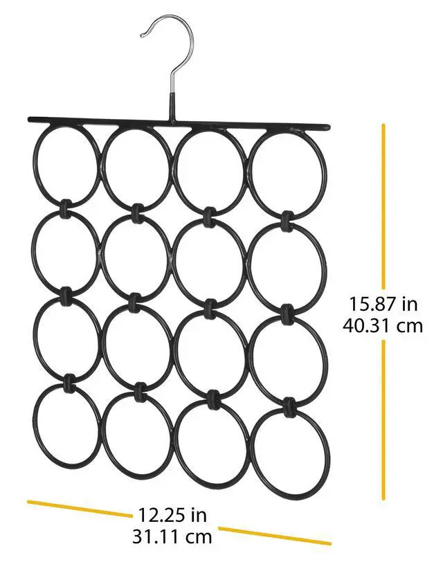 Alt view image 3 of 3 - 16 Rings Folding Metal Scarf Hanger for Closet, 12. 25"W x 15. 88"H, Space Saving Organizer Hangers for Scarves, Ties, Belts, Shawls, Accessory, Chrome & Black