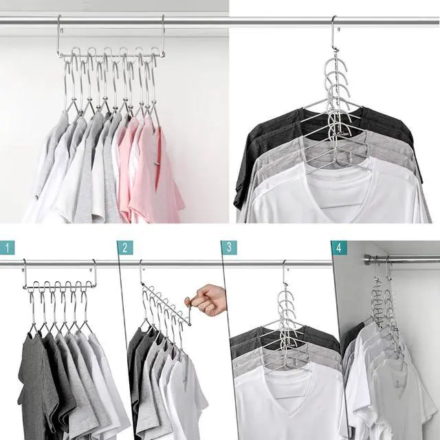 Alt view image 3 of 7 - 4 Pack Metal Space Saving Hangers, Stainless Steel Hangers Space Saving for Clothes, Magic Cascading Space Saving Closet Clothing Hanger Organizer Space Saver, College Dorm Essentials