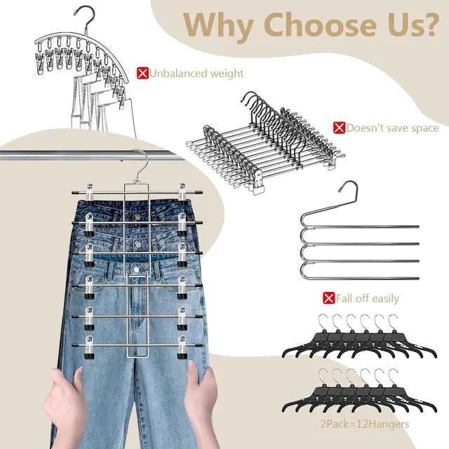 Alt view image 3 of 6 - Pants Hangers with Clips,Space Saving Hanging Closet Organizer-6 Tiers Skirt Hangers with 360° Swivel Hook,Closet Organizer-Clothes Hangers