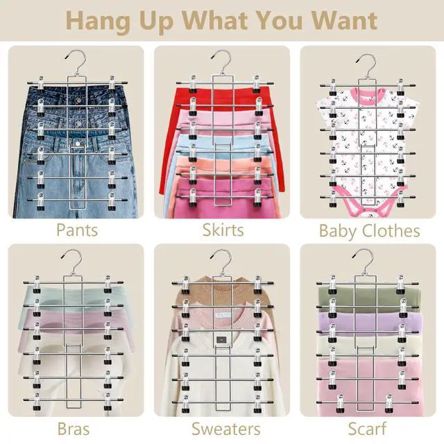 Alt view image 4 of 6 - Pants Hangers with Clips,Space Saving Hanging Closet Organizer-6 Tiers Skirt Hangers with 360° Swivel Hook,Closet Organizer-Clothes Hangers