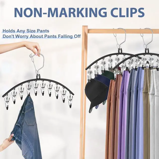 Alt view image 5 of 7 - 3 Pack Skirt Pants Hangers with Clips, Legging Organizer for Closet Hanging with 10 Cilps Holds 30 Leggings/Shorts/Jeans/Skirts Pants Hangers Space Saving Closet Organizers and Storage, Black