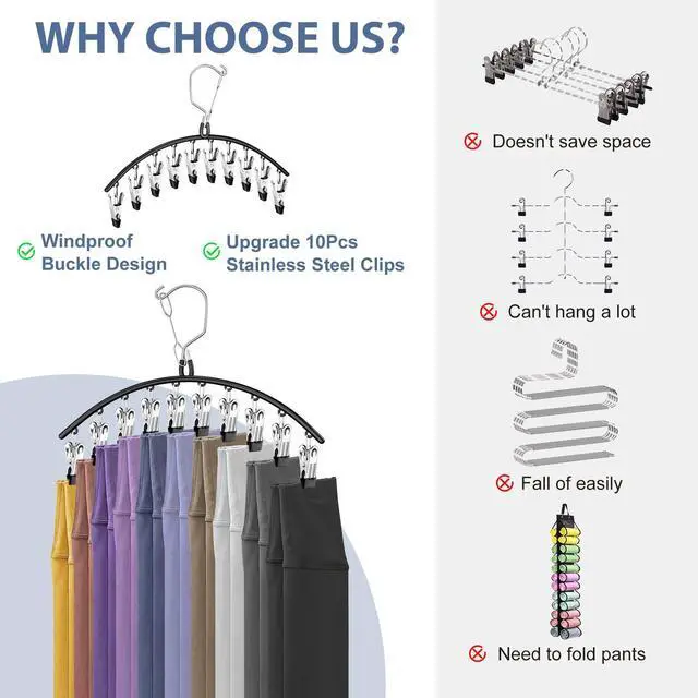 Alt view image 6 of 7 - 3 Pack Skirt Pants Hangers with Clips, Legging Organizer for Closet Hanging with 10 Cilps Holds 30 Leggings/Shorts/Jeans/Skirts Pants Hangers Space Saving Closet Organizers and Storage, Black