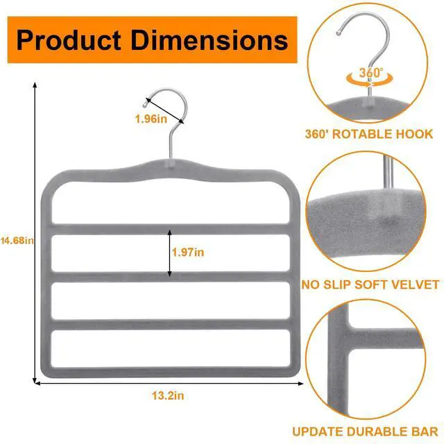 Alt view image 3 of 7 - Velvet Pants Hangers Space Saving, 2-Pack Multi-Tier Closet Organizers for Jeans Trousers Skirts Leggings Scarves, Non-Slip Vertical Storage for Small Closet, College Dorm & Apartment Essentials, Grey