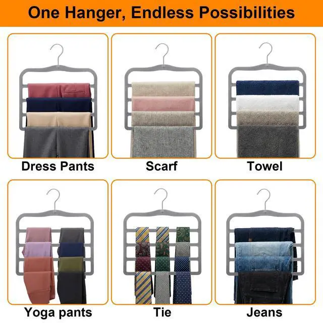 Alt view image 6 of 7 - Velvet Pants Hangers Space Saving, 2-Pack Multi-Tier Closet Organizers for Jeans Trousers Skirts Leggings Scarves, Non-Slip Vertical Storage for Small Closet, College Dorm & Apartment Essentials, Grey