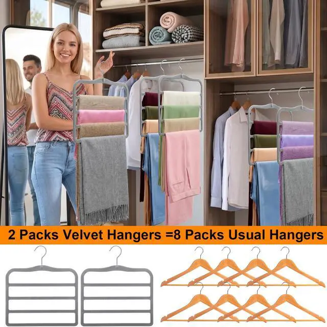 Alt view image 4 of 7 - Velvet Pants Hangers Space Saving, 2-Pack Multi-Tier Closet Organizers for Jeans Trousers Skirts Leggings Scarves, Non-Slip Vertical Storage for Small Closet, College Dorm & Apartment Essentials, Grey