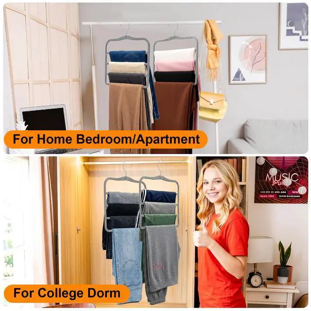 Alt view image 5 of 7 - Velvet Pants Hangers Space Saving, 2-Pack Multi-Tier Closet Organizers for Jeans Trousers Skirts Leggings Scarves, Non-Slip Vertical Storage for Small Closet, College Dorm & Apartment Essentials, Grey