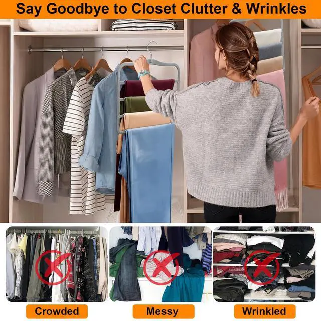 Alt view image 7 of 7 - Velvet Pants Hangers Space Saving, 2-Pack Multi-Tier Closet Organizers for Jeans Trousers Skirts Leggings Scarves, Non-Slip Vertical Storage for Small Closet, College Dorm & Apartment Essentials, Grey