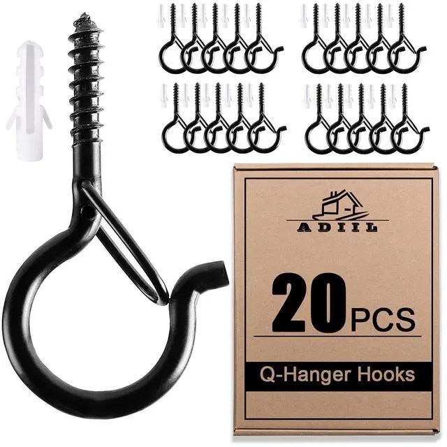 Main image of 20 PCS Q Hanger Hooks with Safety Buckle, Windproof Screw Hooks for Hanging Outdoor String Lights, Plants, Christmas Patio Lights, 2.2 Inches, Black