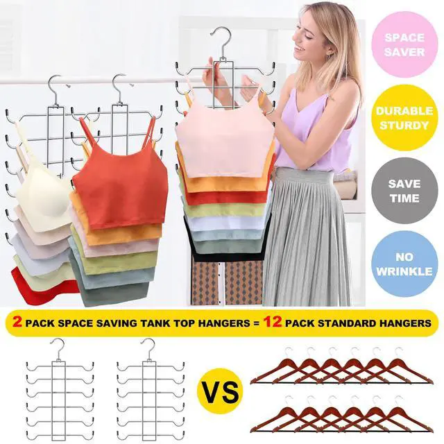 Alt view image 4 of 7 - Metal Tank Top Hanger 2 Pack, Space Saving Bra Organizer with 24 Easy Access Hooks, 360° Swivel Closet Organizers and Storage, Apartment College Dorm Room Essentials, Small Space Organization Solution