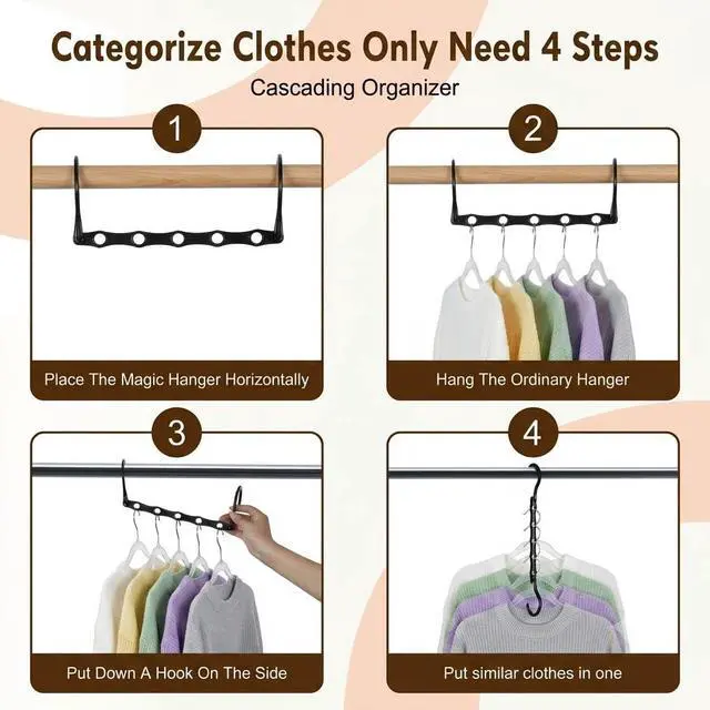 Alt view image 3 of 7 - 10 Pack Space Saving Hangers, Black, Premium Smart Hanger, Closet Organizers and Storage, Sturdy Cascading Hangers with 5 Holes for Heavy Clothes, College Dorm Room Essentials