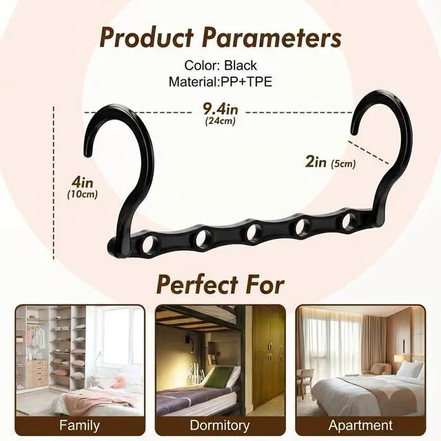 Alt view image 4 of 7 - 10 Pack Space Saving Hangers, Black, Premium Smart Hanger, Closet Organizers and Storage, Sturdy Cascading Hangers with 5 Holes for Heavy Clothes, College Dorm Room Essentials
