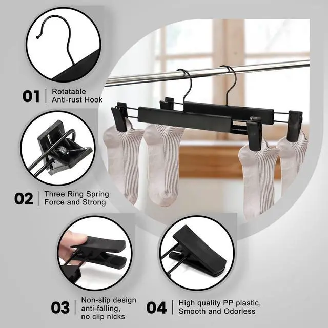 Alt view image 3 of 7 - 10 Pack Pants Hangers with Adjustable Non-Slip Clips Anti-Rust Hanging Hook for Trouser,Skirts,Jeans,Clothes Hangers Black