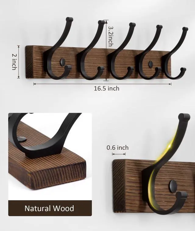 Alt view image 2 of 7 - Coat Rack Wall Mount, 16.5 Inches Wood Coat Hooks, Wall Hooks for Hanging, Hat Rack Bag Hanger Key Holder for Wall, Purse Hanger Towel Racks for Bathroom (1Pack, Brown)