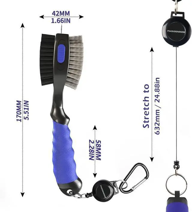 Alt view image 2 of 7 - 2 Pack Golf Club Brushes and Groove Cleaner 2 ft Retractable Zipline Carabiner Oversized Golf Brush Head with Retractable Spike Comfortable Grip Golf Club Cleaner