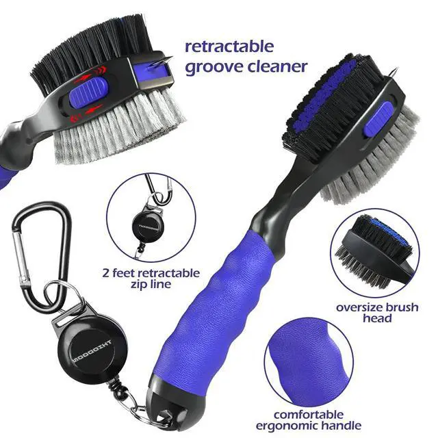 Alt view image 3 of 7 - 2 Pack Golf Club Brushes and Groove Cleaner 2 ft Retractable Zipline Carabiner Oversized Golf Brush Head with Retractable Spike Comfortable Grip Golf Club Cleaner