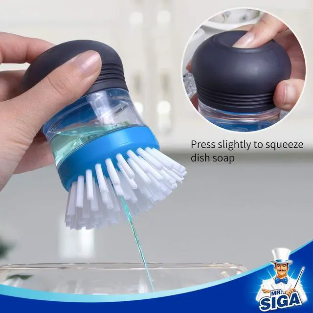 Alt view image 5 of 7 - Soap Dispensing Palm Brush, Kitchen Brush for Dish Pot Pan Sink Cleaning, Pack of 2, Navy/Blue