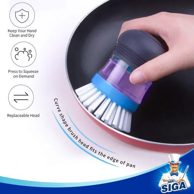 Alt view image 7 of 7 - Soap Dispensing Palm Brush, Kitchen Brush for Dish Pot Pan Sink Cleaning, Pack of 2, Navy/Blue